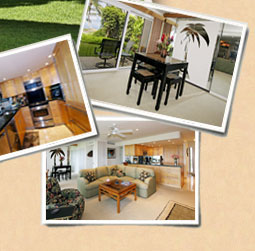 kitchen, living room and dining areas